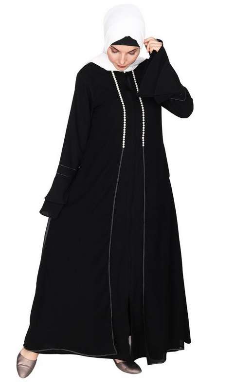 Black Abaya with Georgette Panel Lined with Pearls (Ready-To-Ship)