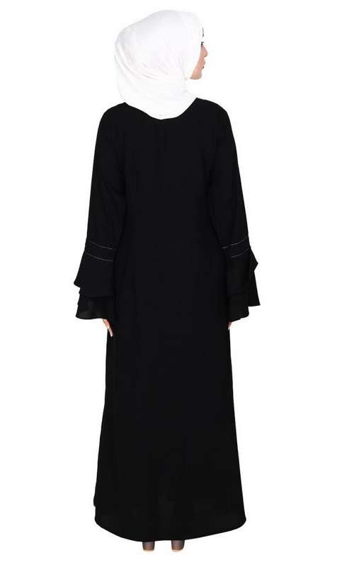 Black Abaya with Georgette Panel Lined with Pearls (Ready-To-Ship)