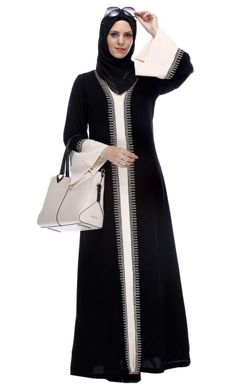 Black And White Abaya With Thread Embroidery