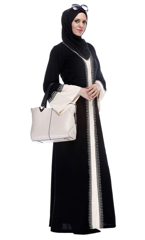 Black And White Abaya With Thread Embroidery