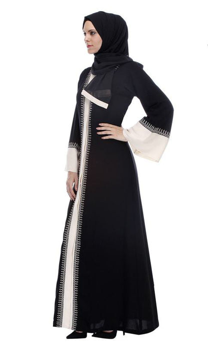 Black And White Abaya With Thread Embroidery (Made-To-Order)