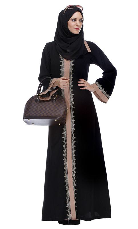 Black And Pink Abaya With Thread Embroidery