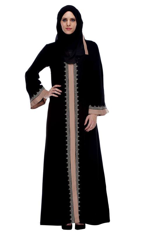 Black And Pink Abaya With Thread Embroidery