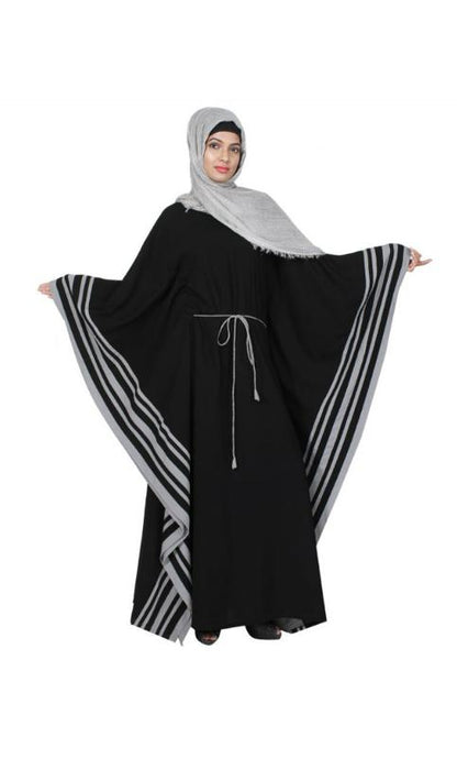 Black Kaftan with Striped Grey Border (Made-To-Order)