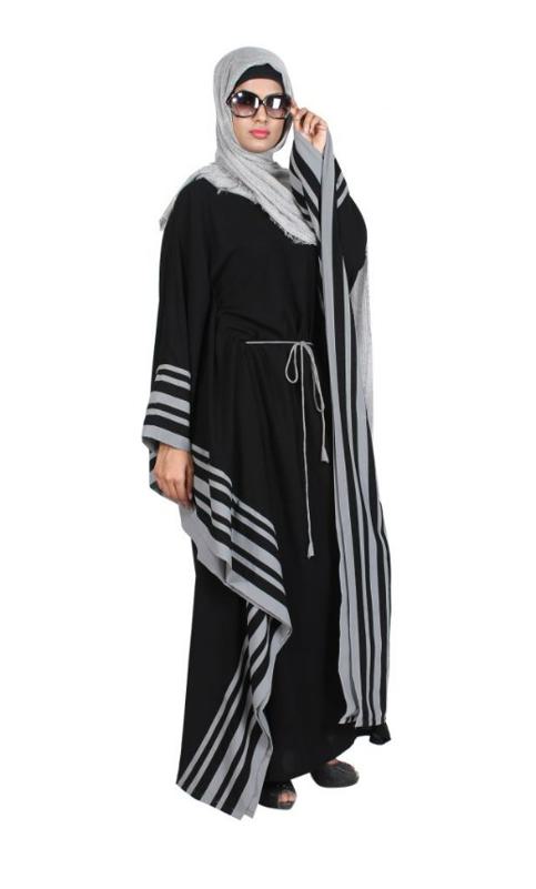 Black Kaftan with Striped Grey Border (Made-To-Order)