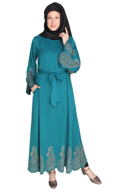 Block Printed Teal Green Abaya