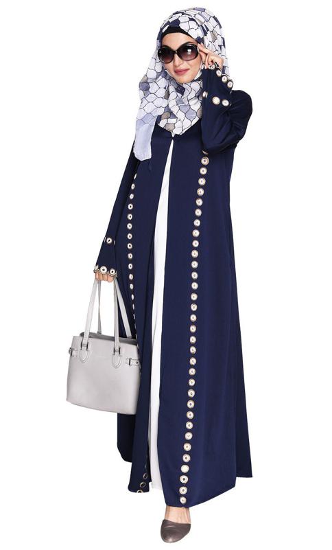 Blue Jacket Style Abaya with Exquisite Mirror Work