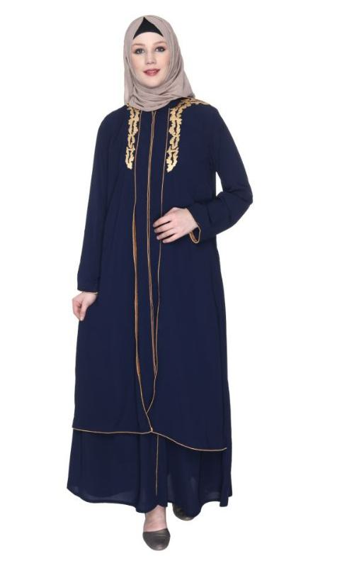 Blue Regal Abaya With Gold Embroidery (Made-To-Order)
