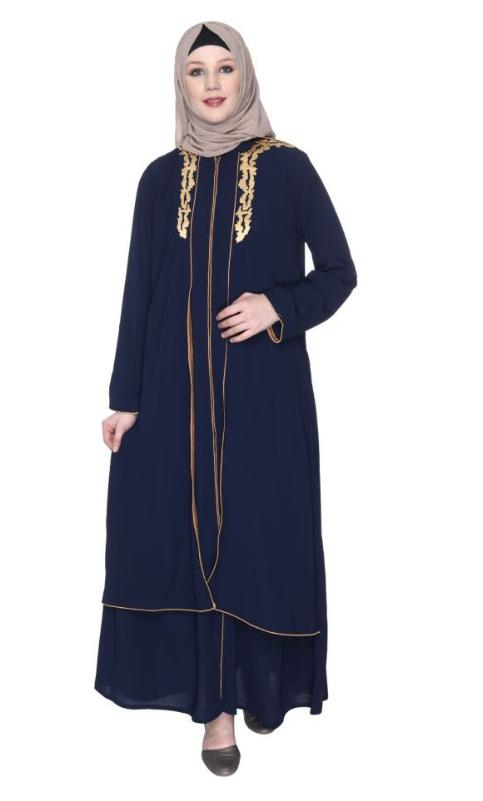 Blue Regal Abaya With Gold Embroidery