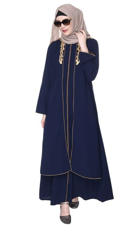 Blue Regal Abaya With Gold Embroidery (Made-To-Order)