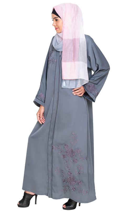 Botanical Grey Embroidered Dubai Style Abaya (Made-To-Order)