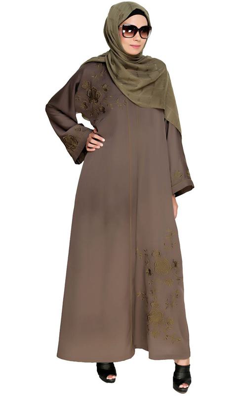 Botanical Mud Brown Embroidered Dubai Style Abaya