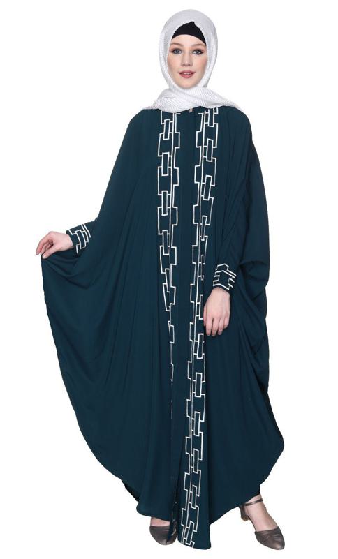 Bottle Green And White Dimensional Design Embroidered Kaftan (Made-To-Order)