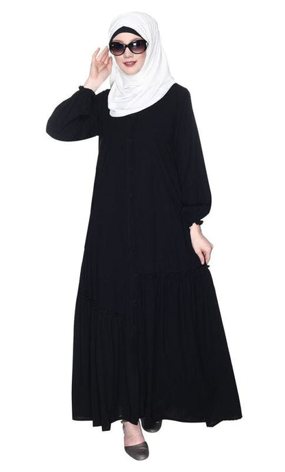 Chic Black Spiral Abaya With Frills (Made-To-Order)