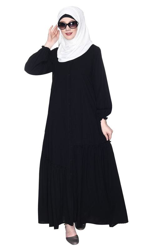 Chic Black Spiral Abaya With Frills