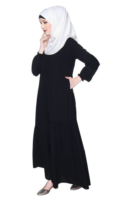 Chic Black Spiral Abaya With Frills (Made-To-Order)