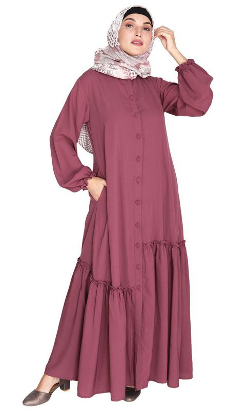 Chic Onion Pink Spiral Abaya with Frills (Made-To-Order)
