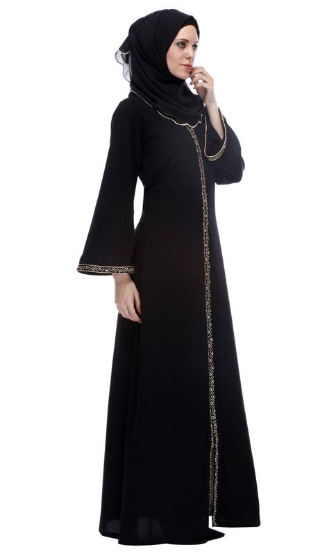 Classic Black Abaya With Golden Zari Embroidery (Made-To-Order)