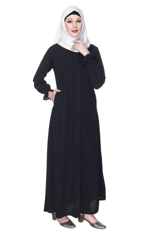 Classic Plain Black Abaya With Elastic Cuffs (Ready-To-Ship)