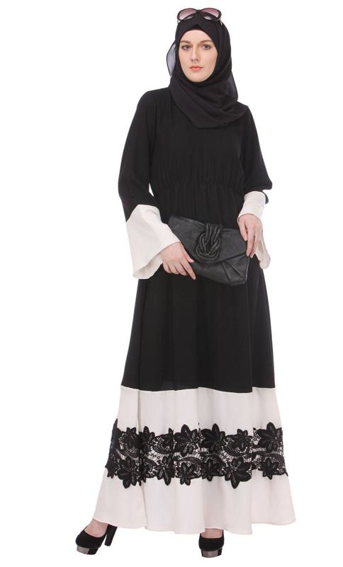 Closed Black White Abaya With Appliqu