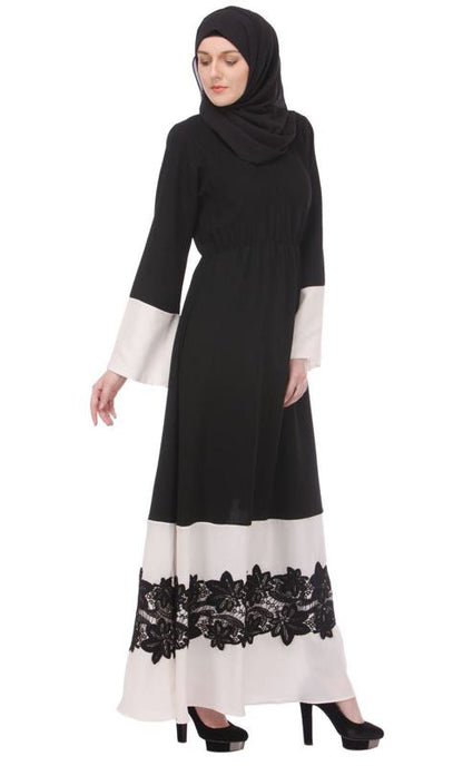 Closed Black White Abaya With Appliqu (Made-To-Order)