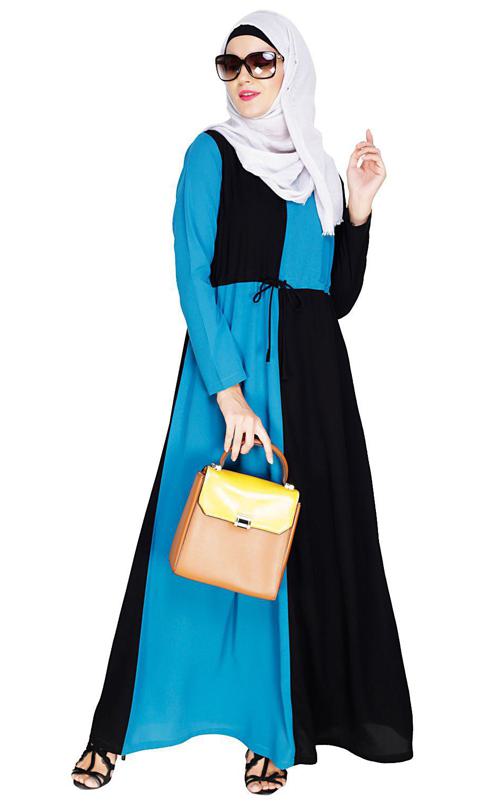 Colour Blocked Teal Blue Abaya (Made-To-Order)