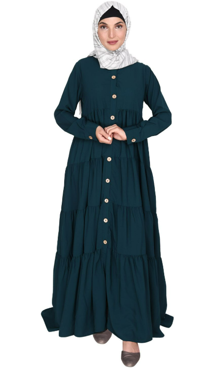 Contemporary Bottle Green Multi Layered Gather Dress (Made-To-Order)