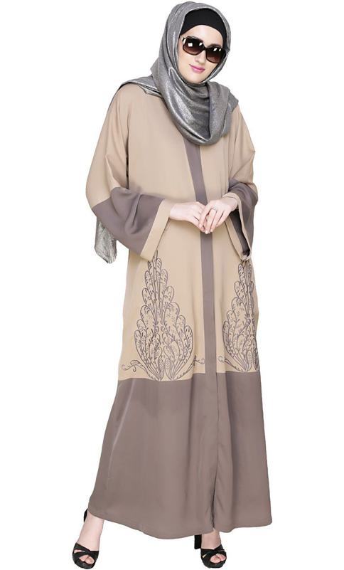 Eden Dubai Style Beige and Grey Embroidered Abaya