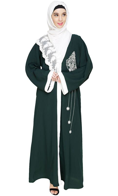 Contrast Embroidered Green Dubai Style Abaya