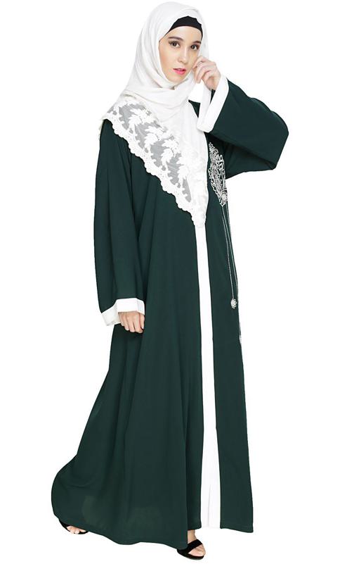 Contrast Embroidered Green Dubai Style Abaya