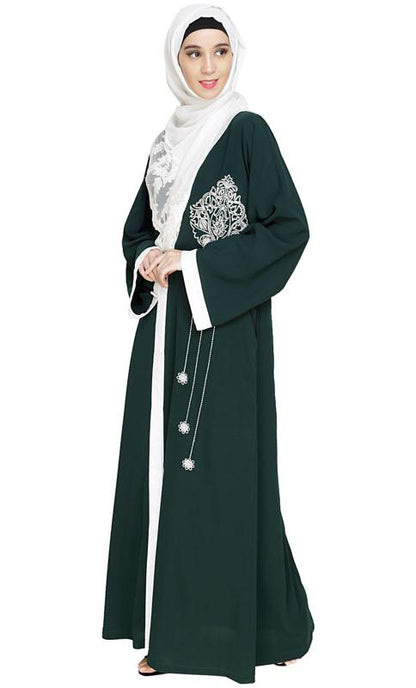Contrast Embroidered Green Dubai Style Abaya