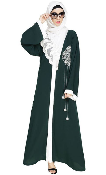 Contrast Embroidered Green Dubai Style Abaya (Made-To-Order)