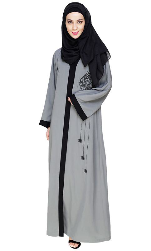 Contrast Embroidered Grey Dubai Style Abaya (Made-To-Order)