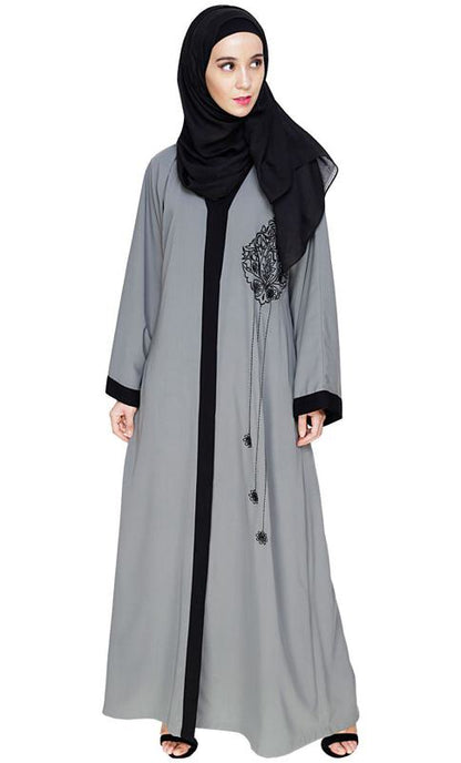 Contrast Embroidered Grey Dubai Style Abaya