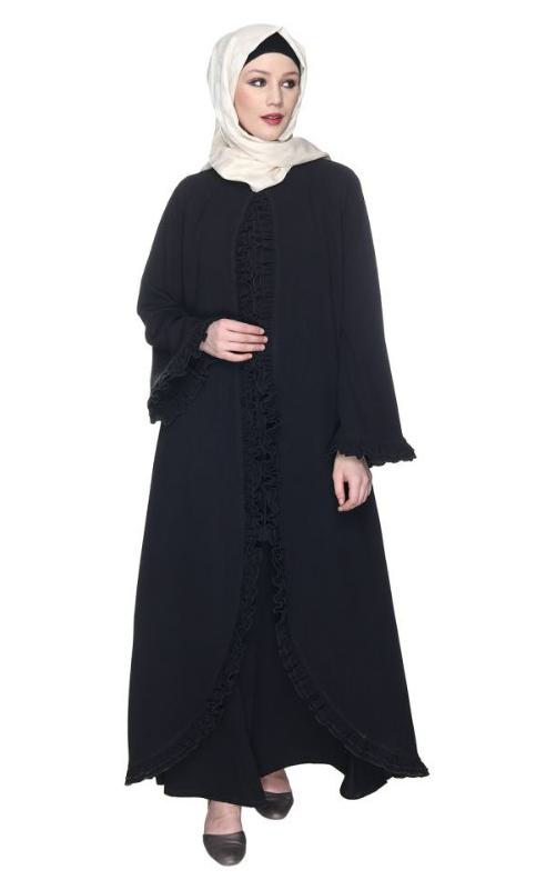Dapper Deep Black Jacket Style Frill Abaya