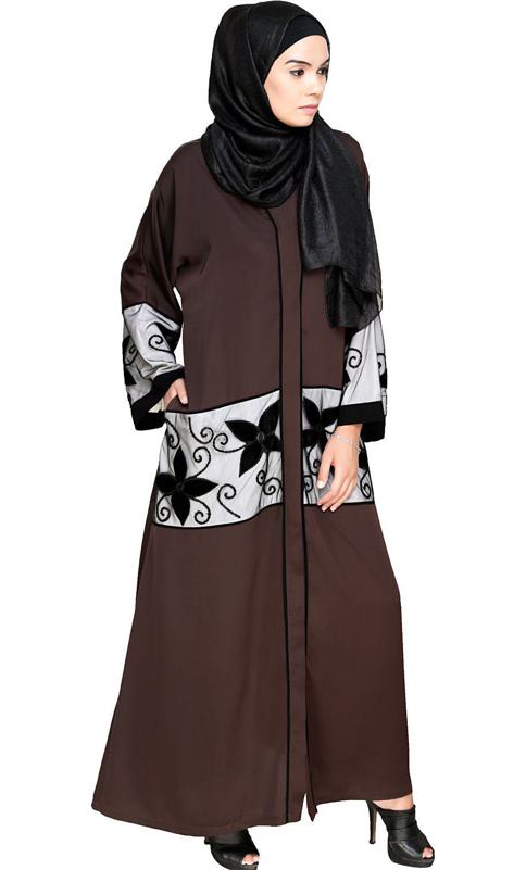 Dark Brown Floral Lace Embroidered Dubai Style Abaya (Made-To-Order)