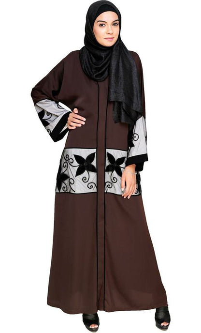 Dark Brown Floral Lace Embroidered Dubai Style Abaya (Made-To-Order)
