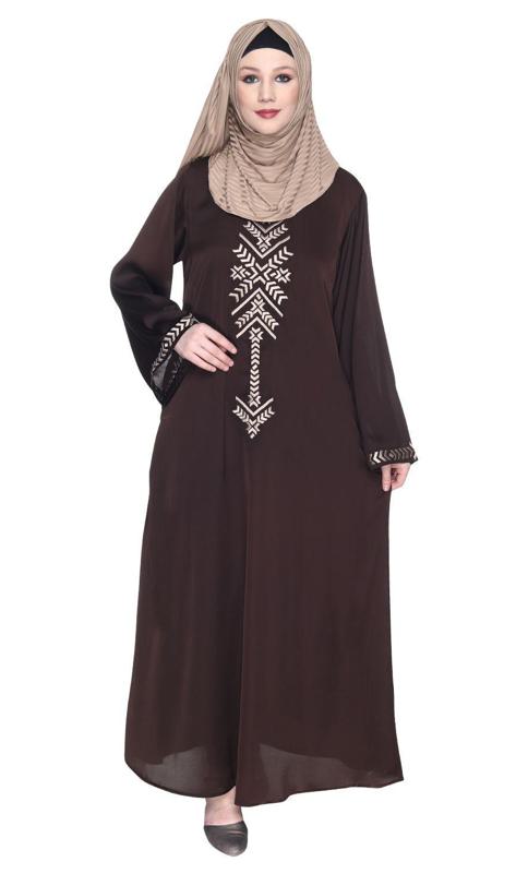 Dark Brown Front Closed Abaya With Angular Embroidery Design Made To Order