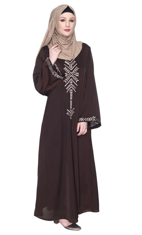 Dark Brown Front Closed Abaya With Angular Embroidery Design (Made-To-Order)