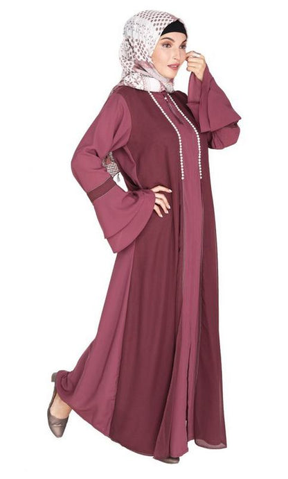 Dark Onion Pink Abaya with Georgette Panel Lined with Pearls (Ready-To-Ship)