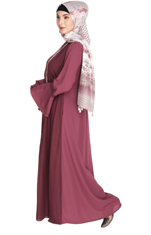 Dark Onion Pink Abaya with Georgette Panel Lined with Pearls