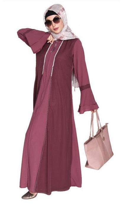 Dark Onion Pink Abaya with Georgette Panel Lined with Pearls (Ready-To-Ship)