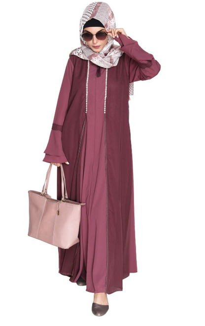 Dark Onion Pink Abaya with Georgette Panel Lined with Pearls