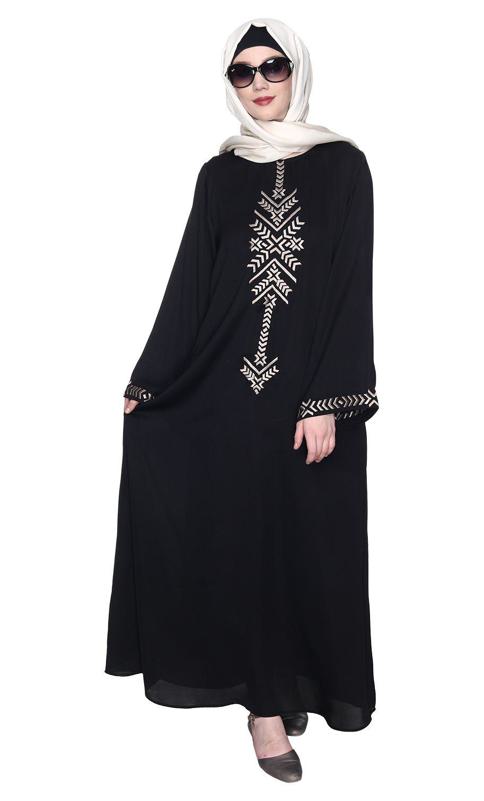 Deep Black Front Closed Abaya With Angular Embroidery Design