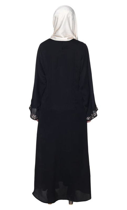 Deep Black Front Closed Abaya With Angular Embroidery Design (Made-To-Order)
