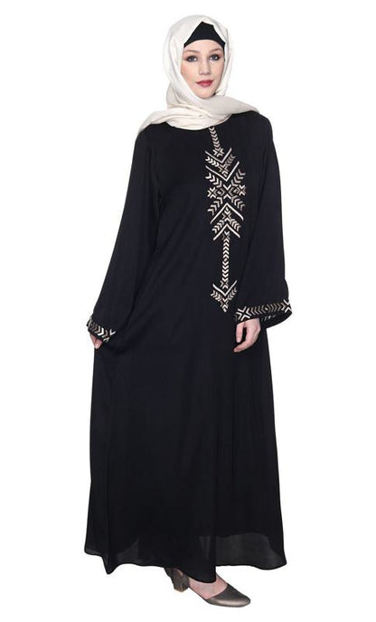 Deep Black Front Closed Abaya With Angular Embroidery Design (Made-To-Order)