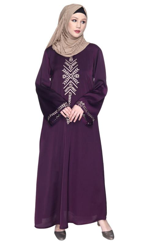 Deep Purple Front Closed Abaya With Angular Embroidery Design