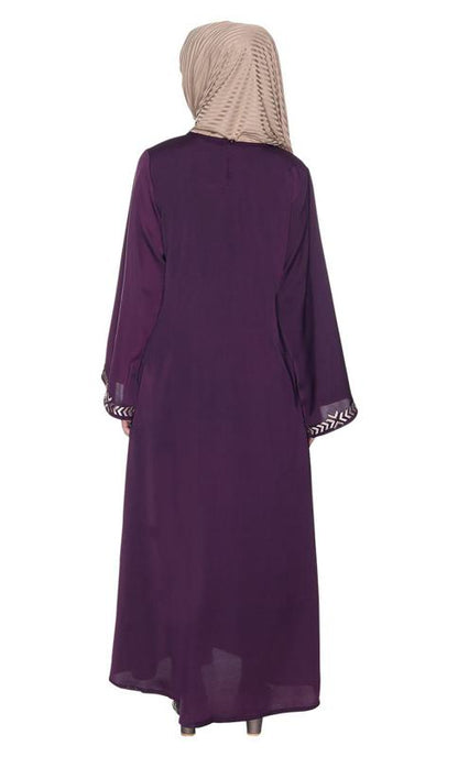 Deep Purple Front Closed Abaya With Angular Embroidery Design (Made-To-Order)