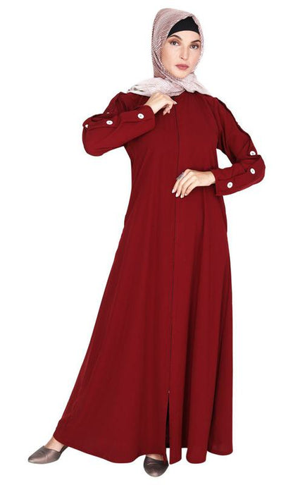 Delightful and Simple Maroon Abaya with Designer Sleeves (Made-To-Order)