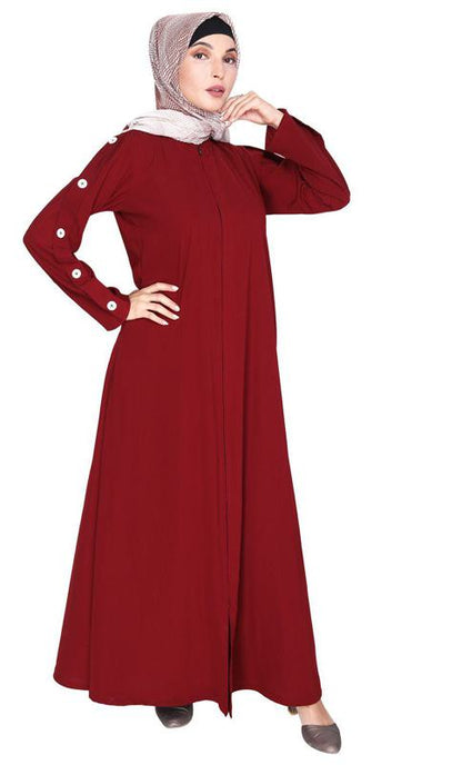 Delightful and Simple Maroon Abaya with Designer Sleeves (Made-To-Order)